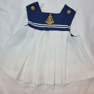 Baby Nautical Sailor Dress & Bloomer Set Anchor Gold Buttons Navy White 12M